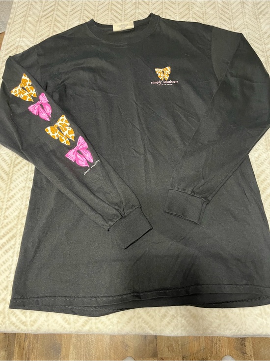 Simply Southern Tops - Simply Southern Black Long-Sleeve Tee with Pink & Gold Bow Medium Accents